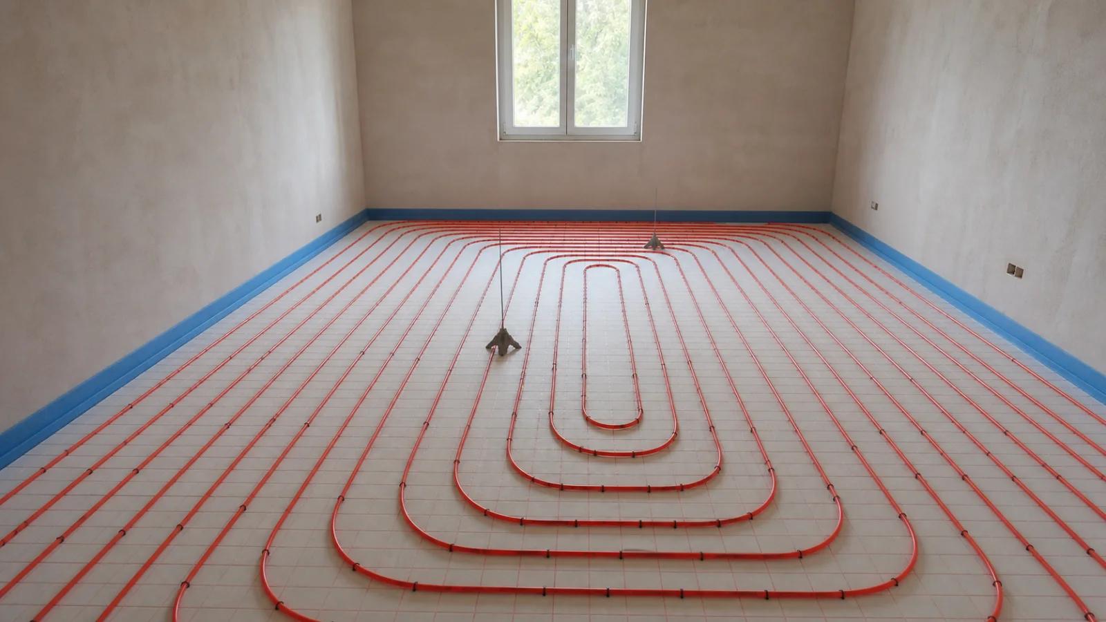 Tubes de plancher chauffant fixés sur l’isolant dans une pièce prête à recevoir une chape liquide