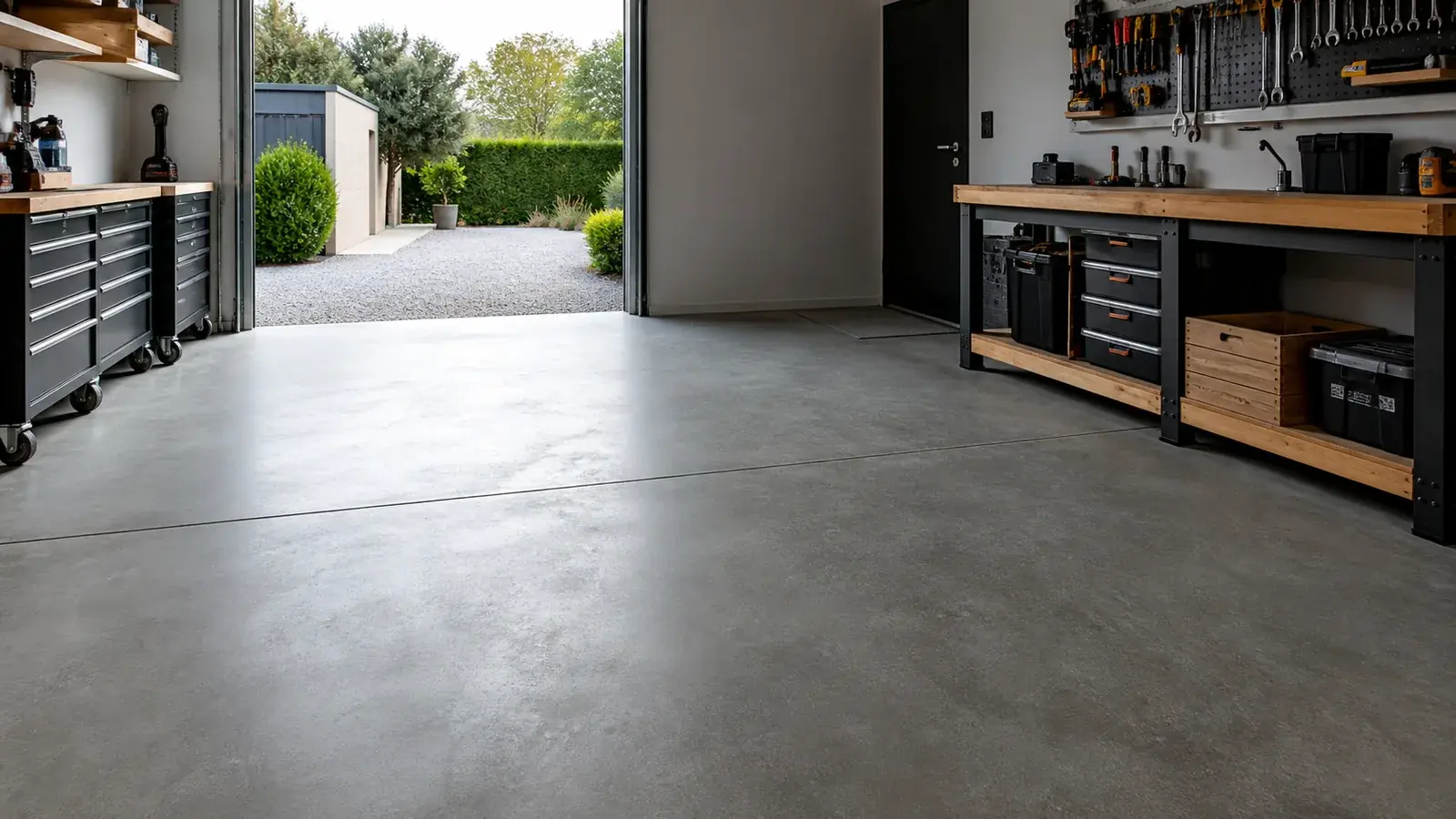 Sol gris en béton quartzé dans un garage équipé d’un établi et de rangements