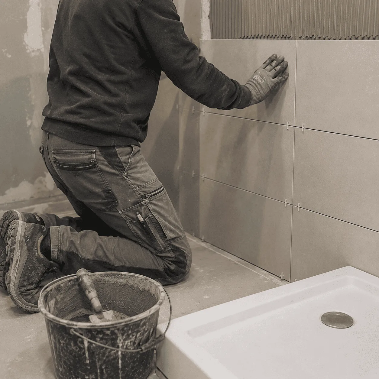 Pose de faïence murale dans une salle de bain en rénovation à Poitiers