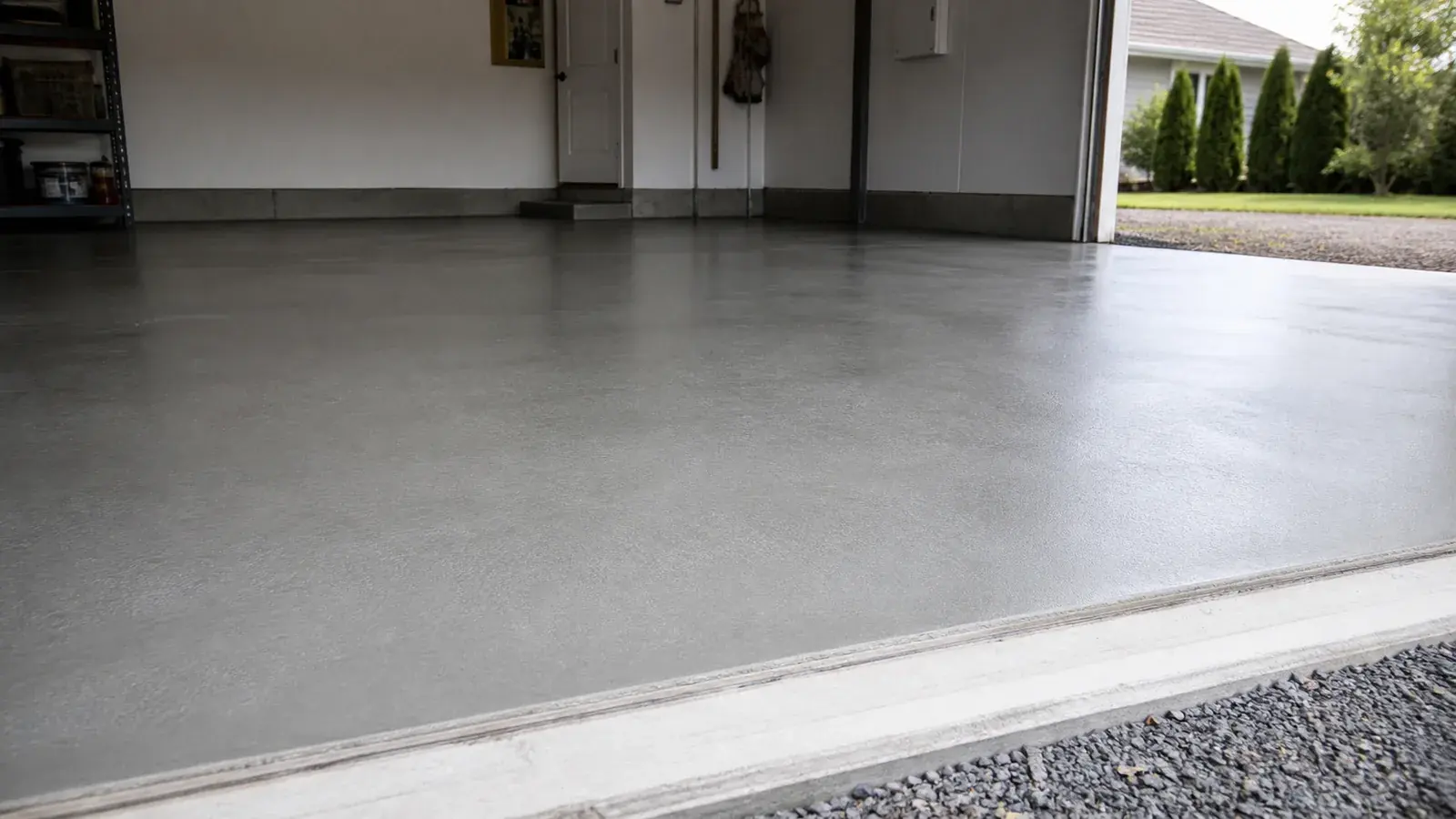 Sol en béton lissé dans un garage résidentiel ouvert