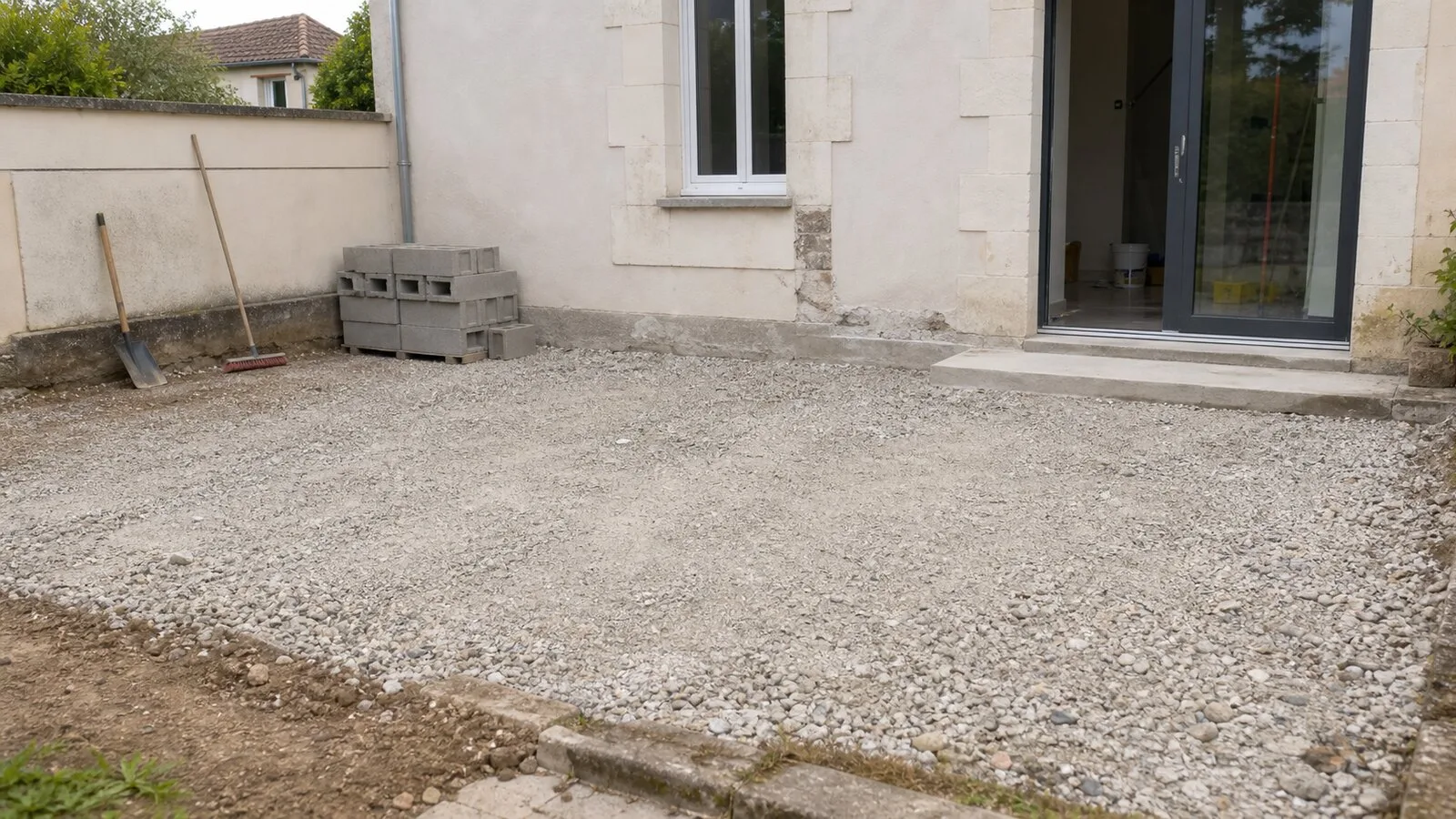 Zone extérieure déblayée après démolition d’un petit ouvrage