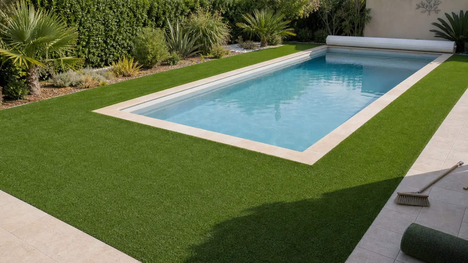 Gazon synthétique posé proprement aux abords d'une piscine dans la Vienne (86)