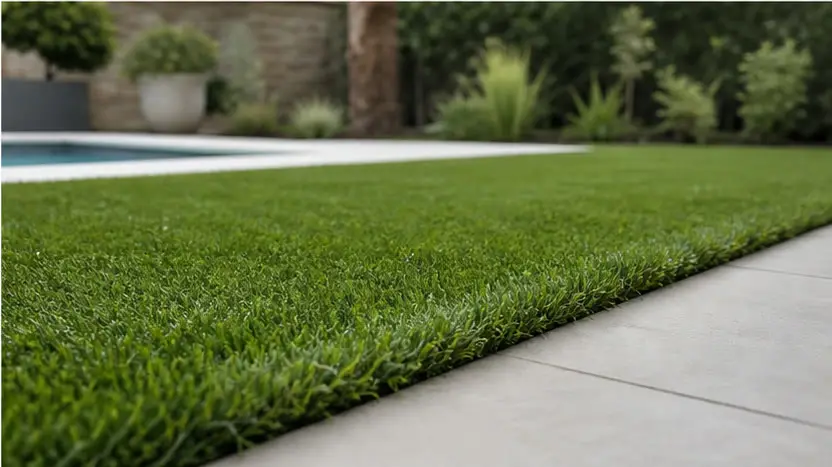 Bordure nette entre gazon synthétique et terrasse pour Gazon synthétique à Buxerolles