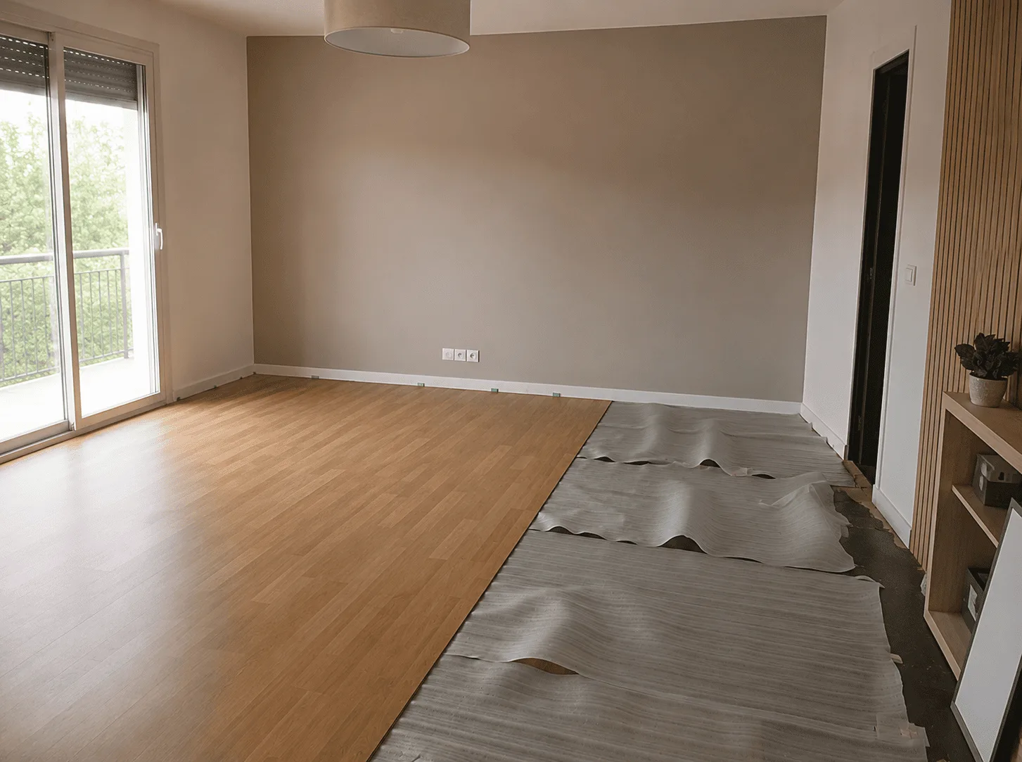 Pièce avec parquet en cours de pose et support encollé