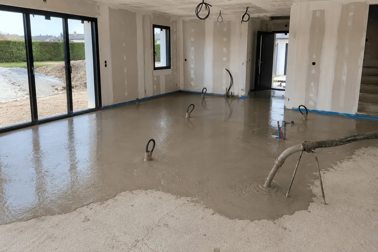 Pompage et débullage d'une chape liquide pendant le coulage à Châtellerault