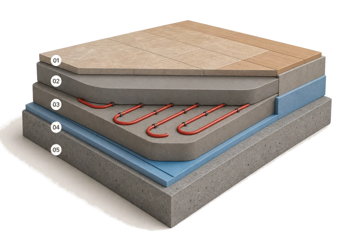 Schéma en coupe des couches d'une chape liquide avec plancher chauffant
