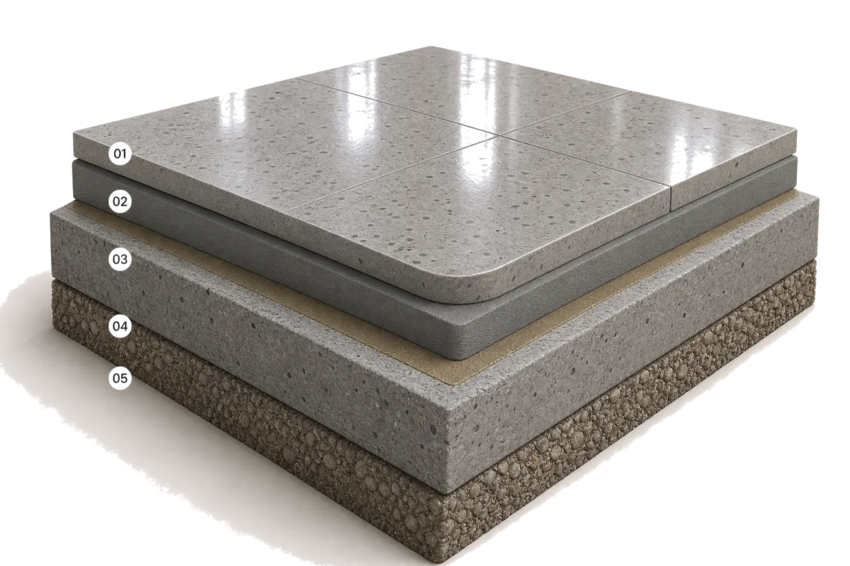 Schéma en coupe des couches d'un sol industriel béton ou résine