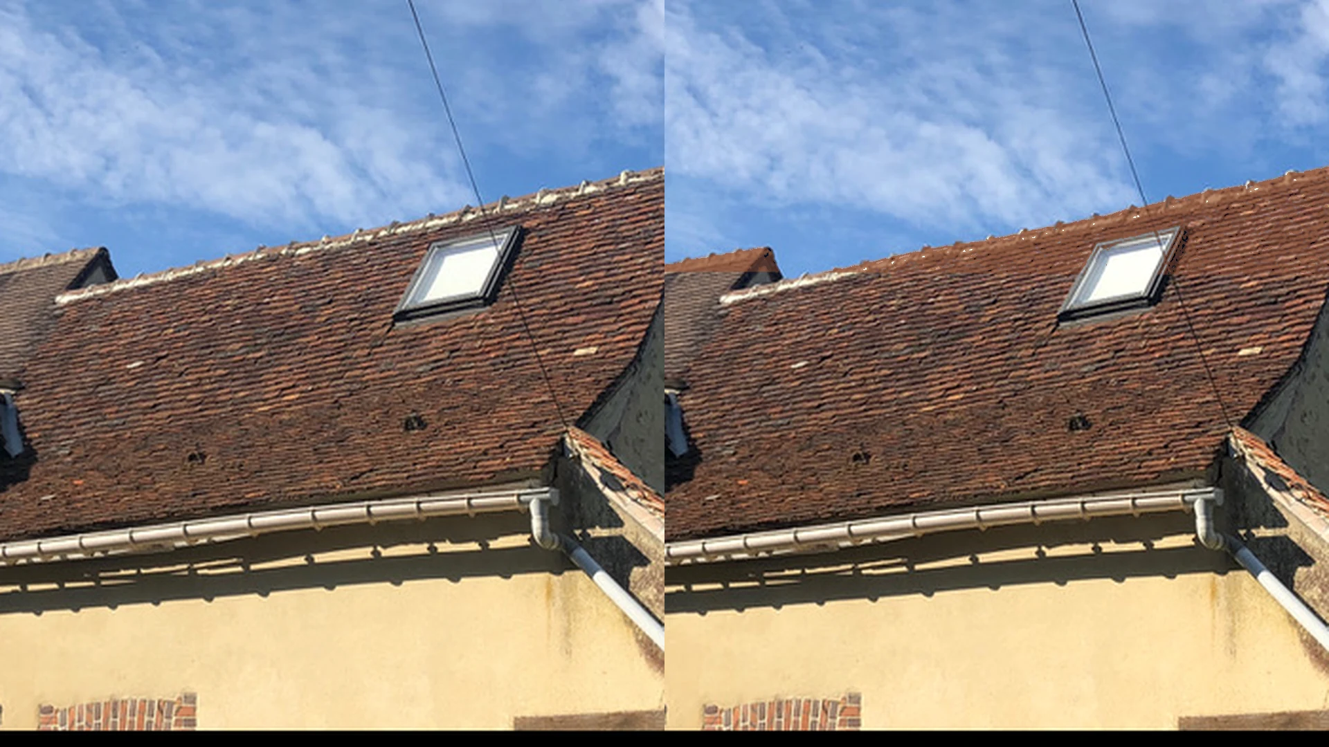 Avant après nettoyage de tuiles anciennes à Chauvigny
