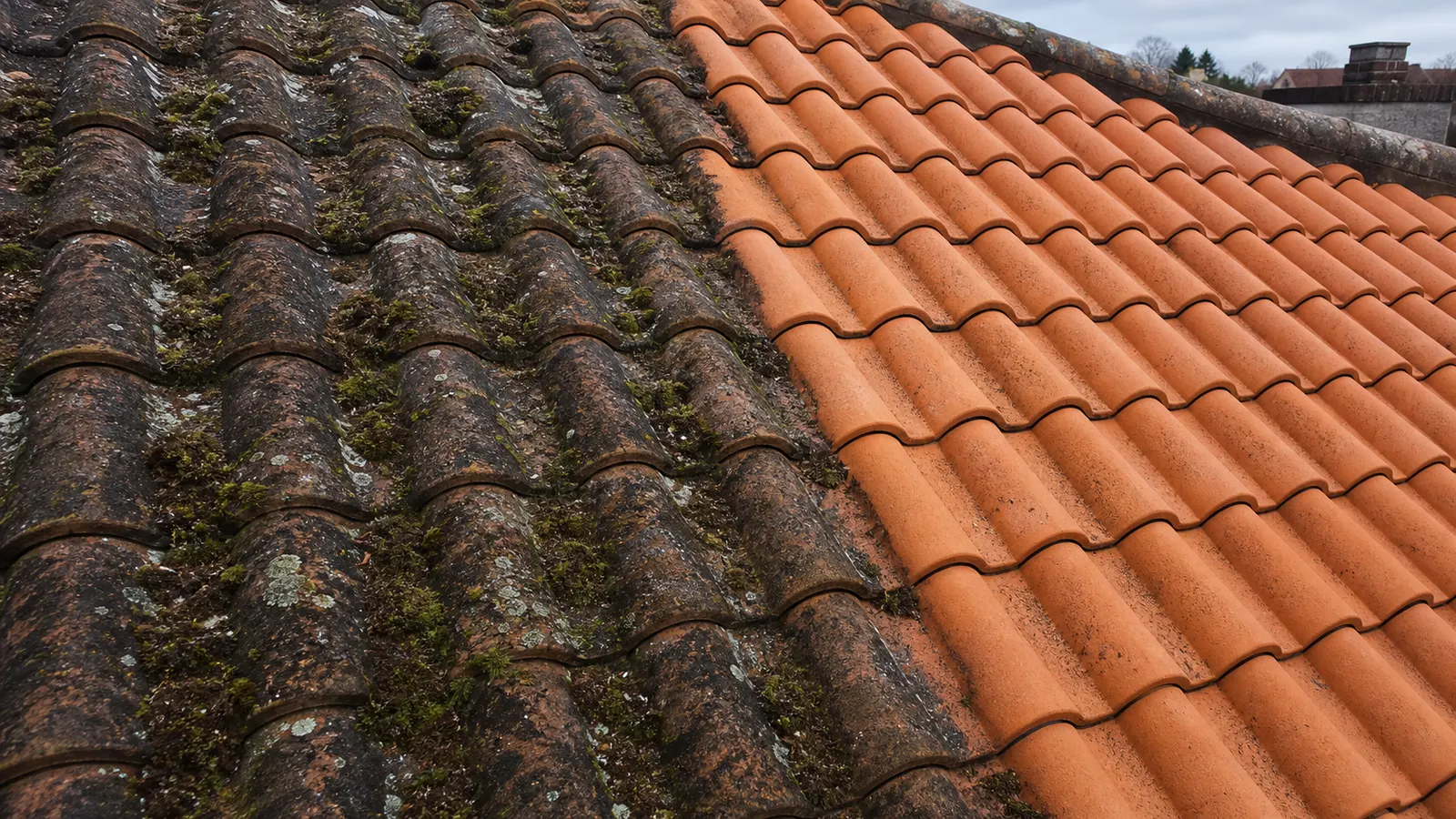 Toiture en tuiles avec zone traitée et zone encore encrassée dans la Vienne