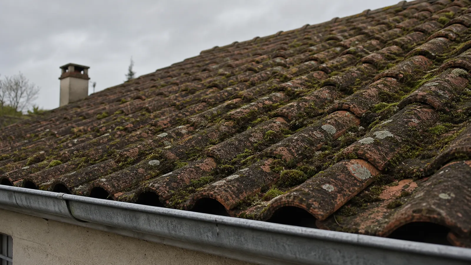 Tuiles terre cuite encrassées avec mousses avant traitement de toiture